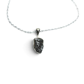 Rare Earth Gallery Campo De Cielo meteorite nugget pendant in a 925 sterling silver bezel on an 18-inch chain