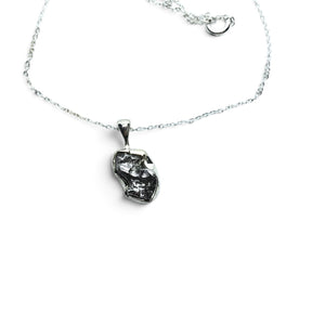 Rare Earth Gallery Campo De Cielo meteorite nugget pendant in a 925 sterling silver bezel on an 18-inch chain.