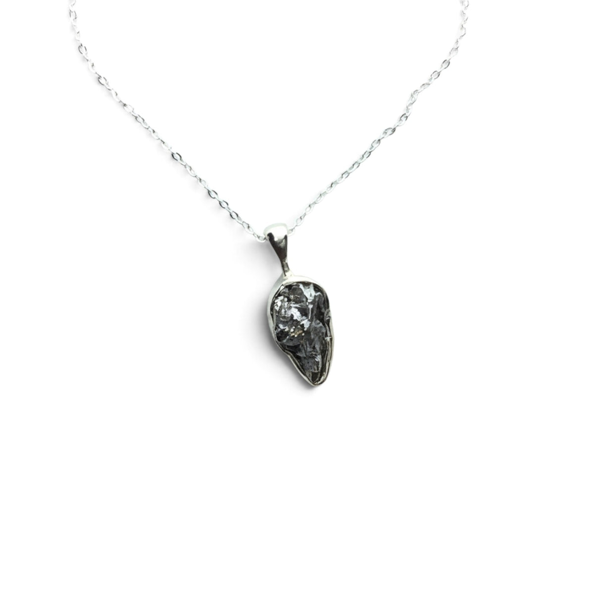 Rare Earth Gallery Campo De Cielo meteorite nugget pendant in a 925 sterling silver bezel on an 18-inch chain