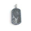 Rare Earth Gallery rounded rectangle Muonionalusta meteorite pendant in a 925 sterling silver bezel with blue sapphires