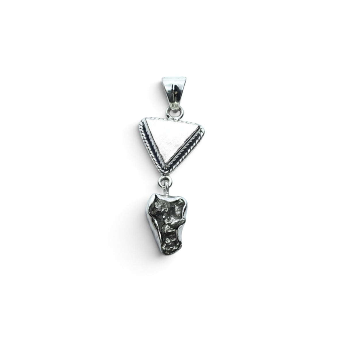 Rare Earth Gallery triangular Muonionalusta meteorite pendant with rope bezel and Campo del Cielo nugget in silver