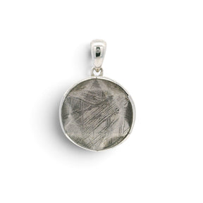 Rare Earth Gallery Muonionalusta meteorite pendant with 6-pointed star pattern in a rhodium-plated sterling silver case