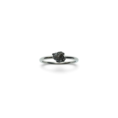 Rare Earth Gallery Campo De Cielo meteorite nugget ring prong-set on a simple polished silver band