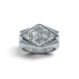 Rare Earth Gallery sterling silver ring featuring a diamond-shaped Muonionalusta meteorite with Widmanstätten pattern