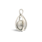 Rare Earth Gallery Muonionalusta meteorite sphere pendant in a silver rhodium-plated slotted cage design.