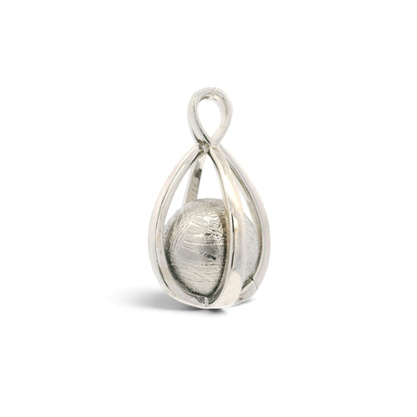 Rare Earth Gallery Muonionalusta meteorite sphere pendant in a silver rhodium-plated slotted cage design.