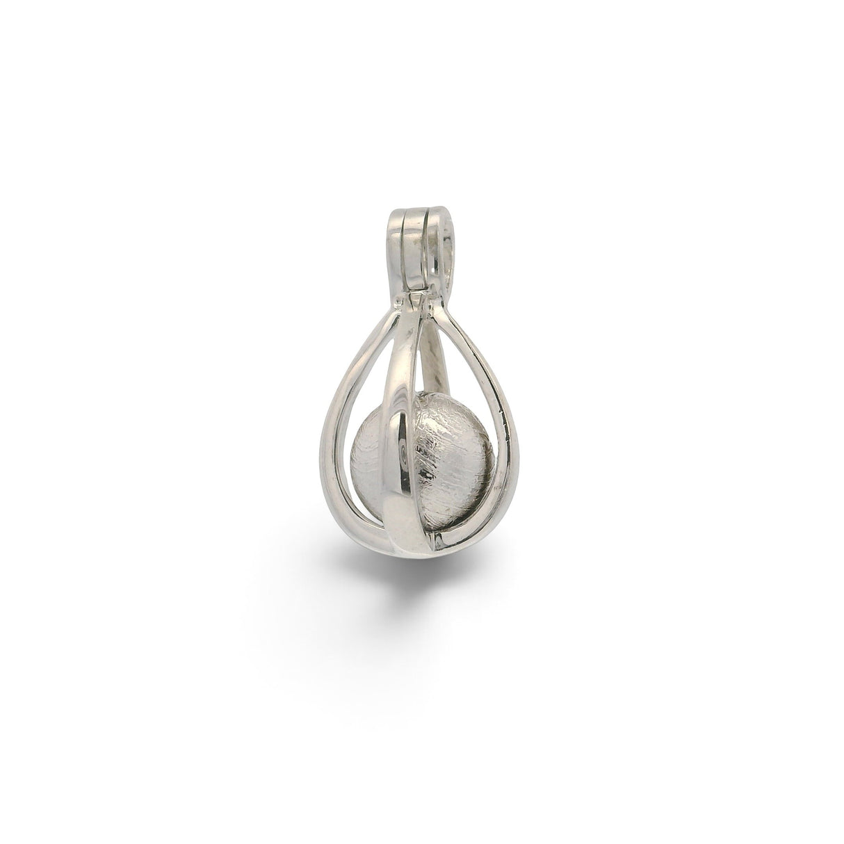 Rare Earth Gallery Muonionalusta meteorite sphere pendant in a silver-toned rhodium-plated slotted cage design.