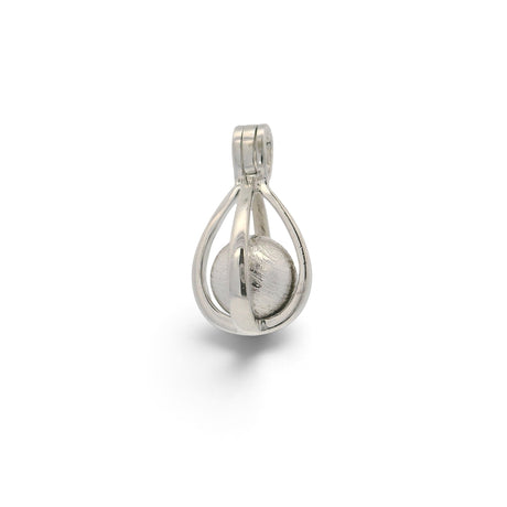 Rare Earth Gallery Muonionalusta meteorite sphere pendant in a silver-toned rhodium-plated slotted cage design.