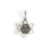 Rare Earth Gallery Muonionalusta meteorite hexagon slice set in a sterling silver Star of David pendant.