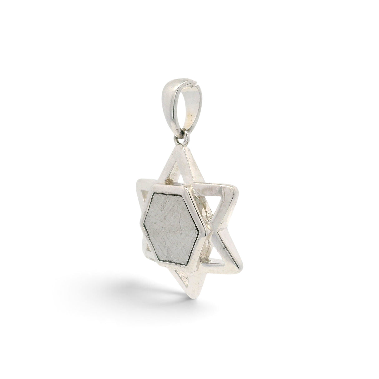 Rare Earth Gallery Muonionalusta meteorite hexagon pendant in a sterling silver Star of David frame with rhodium finish