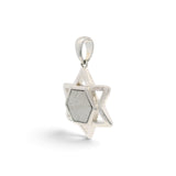 Rare Earth Gallery Muonionalusta meteorite hexagon pendant in a sterling silver Star of David frame with rhodium finish