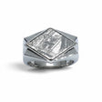 Rare Earth Gallery sterling silver ring featuring a diamond-shaped Muonionalusta meteorite inlay with Art Deco design