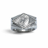 Rare Earth Gallery sterling silver ring featuring a diamond-shaped Muonionalusta meteorite inlay with Art Deco design