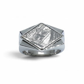 Rare Earth Gallery sterling silver ring featuring a diamond-shaped Muonionalusta meteorite inlay with Art Deco design