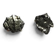Rare Earth Gallery Campo De Cielo meteorite stud earrings featuring raw, dark metallic nuggets in prong settings.