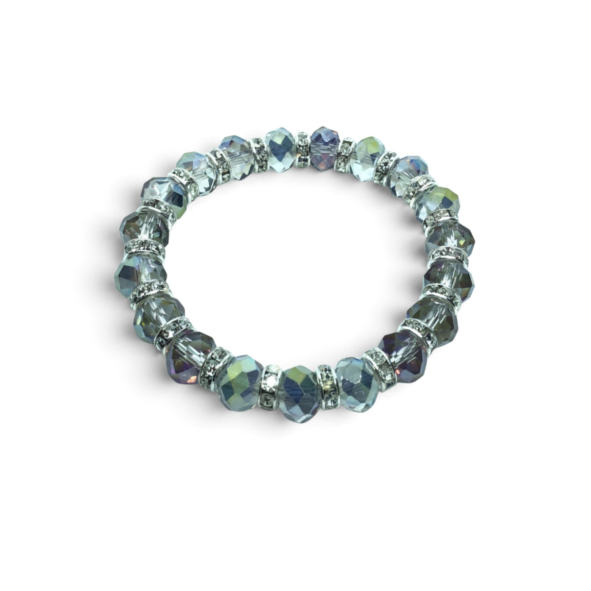 Rare Earth Gallery mystic topaz crystal beaded bracelet with sparkling silver accents on a white background