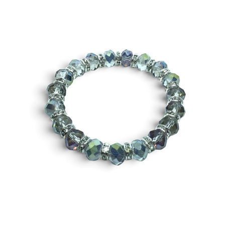 Rare Earth Gallery mystic topaz crystal beaded bracelet with sparkling silver accents on a white background