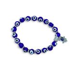 Rare Earth Gallery navy evil eye beaded bracelet featuring a silver hamsa hand charm on a white background
