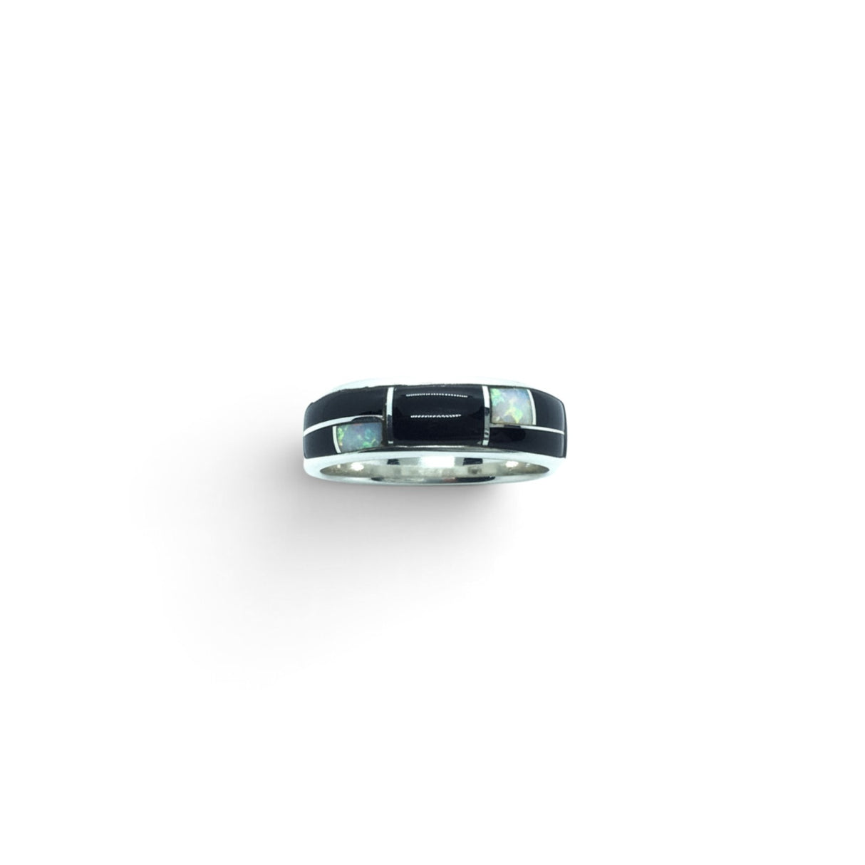 Rare Earth Gallery ring featuring black onyx and white opal inlay with silver channeling in a geometric design.