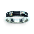 Rare Earth Gallery ring featuring black onyx and white opal inlay with silver geometric channeling in a size 10 band.
