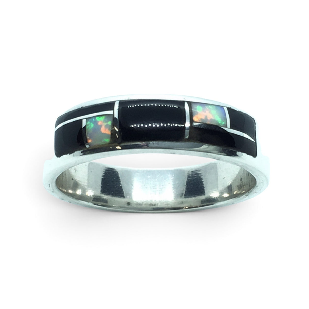 Rare Earth Gallery ring featuring black onyx and white opal inlay with silver geometric channeling in a size 10 band.