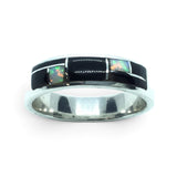Rare Earth Gallery ring featuring black onyx and white opal inlay with silver geometric channeling in a size 10 band.