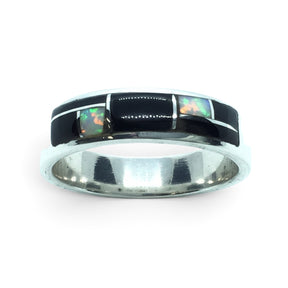 Rare Earth Gallery ring featuring black onyx and white opal inlay with silver geometric channeling in a size 10 band.