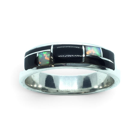 Rare Earth Gallery ring featuring black onyx and white opal inlay with silver geometric channeling in a size 10 band.