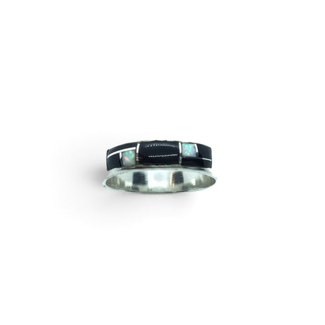 Rare Earth Gallery ring featuring black onyx and white opal rectangle cabochon inlay with silver channel detailing.
