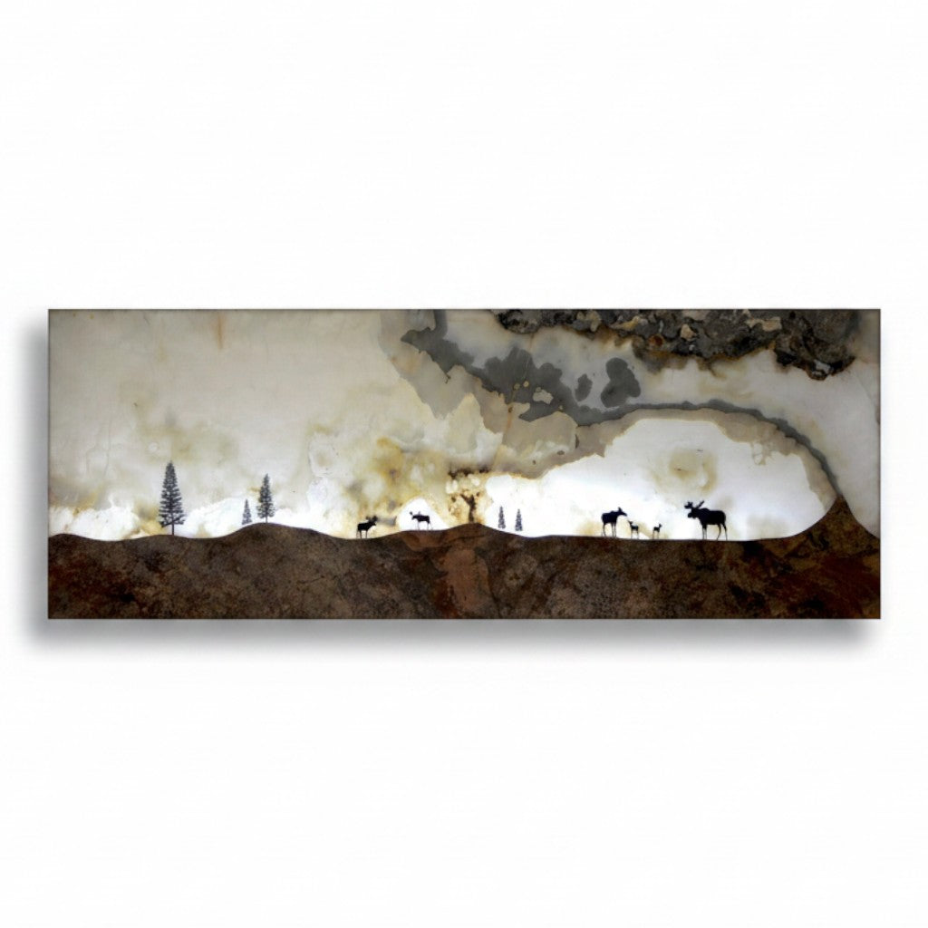 Rare Earth Gallery illuminated onyx and travertine wall panel with moose silhouettes on white amber background.