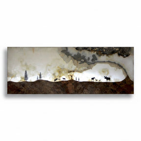 Rare Earth Gallery illuminated onyx and travertine wall panel with moose silhouettes on white amber background.