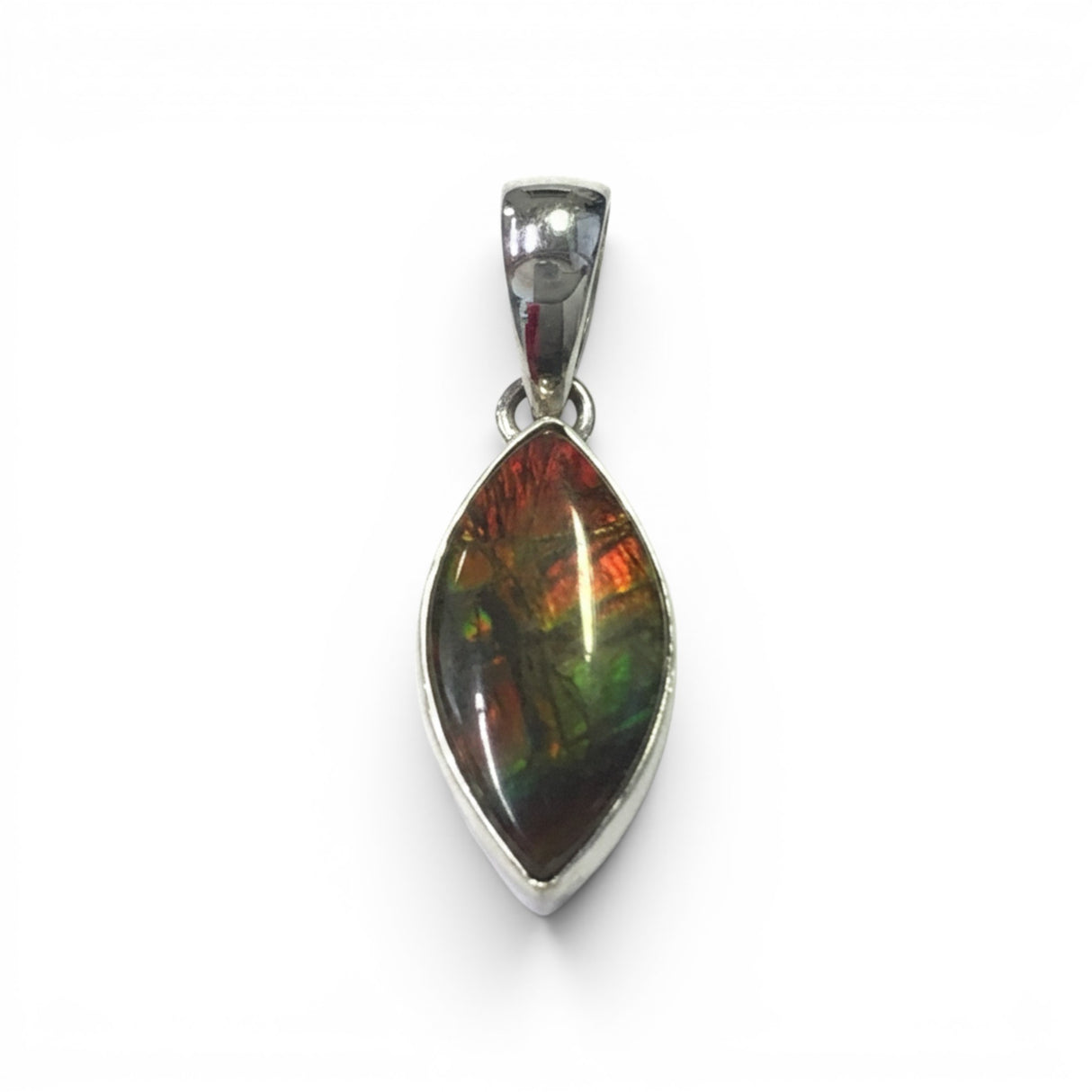 Rare Earth Gallery oval ammolite pendant with a bold red iridescent cabochon set in a polished silver bezel.