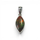 Rare Earth Gallery oval ammolite pendant with a bold red iridescent cabochon set in a polished silver bezel.