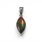 Rare Earth Gallery oval ammolite pendant with a bold red iridescent cabochon set in a polished silver bezel.