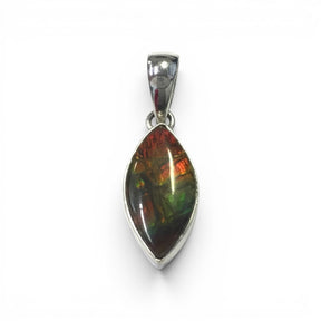 Rare Earth Gallery oval ammolite pendant with a bold red iridescent cabochon set in a polished silver bezel.