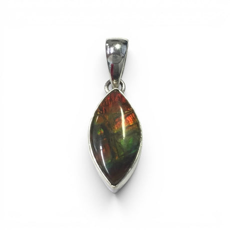 Rare Earth Gallery oval ammolite pendant with a bold red iridescent cabochon set in a polished silver bezel.