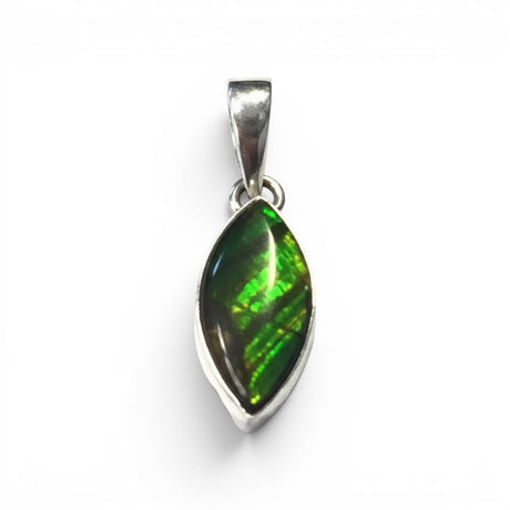 Rare Earth Gallery sharp oval ammolite pendant with iridescent green and gold fossilized shell in a silver bezel.