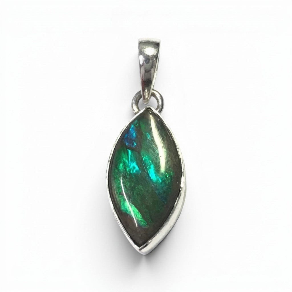 Rare Earth Gallery oval ammolite cabochon pendant featuring iridescent green and blue hues in a silver bezel setting.