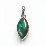 Rare Earth Gallery oval ammolite cabochon pendant featuring iridescent green and blue hues in a silver bezel setting.