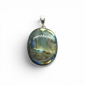 Rare Earth Gallery oval labradorite pendant with green, orange, and blue labradorescence in a silver setting.