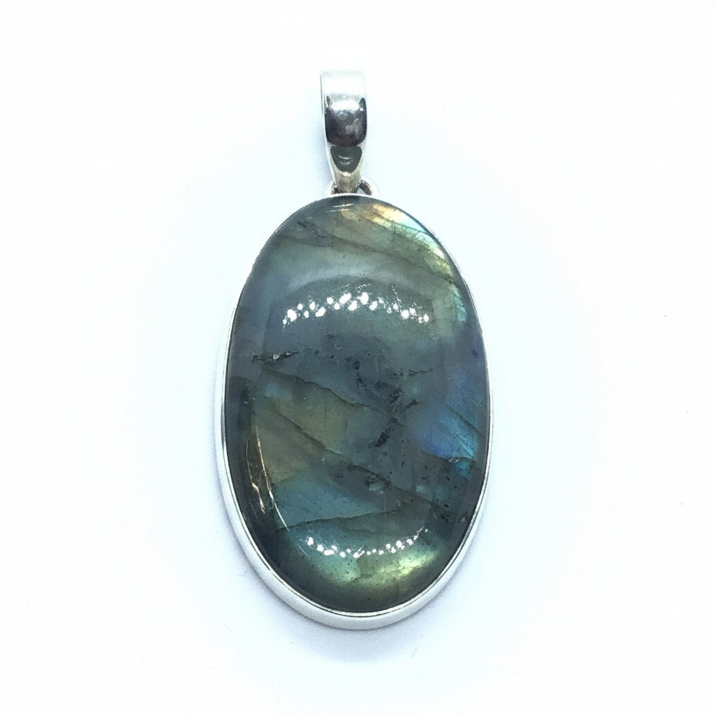 Rare Earth Gallery oval labradorite cabochon pendant with light gray base and blue-green iridescent flashes.