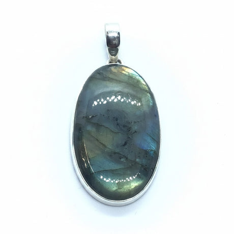 Rare Earth Gallery oval labradorite cabochon pendant with light gray base and blue-green iridescent flashes.