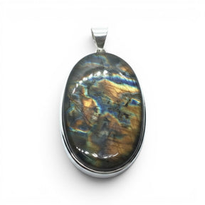 Rare Earth Gallery oval labradorite pendant with blue and gold flashes in a minimalist 925 sterling silver bezel