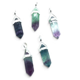 Rare Earth Gallery rainbow fluorite double point pendants in open lantern 925 sterling silver bezels