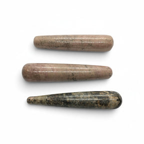 Rare Earth Gallery rhodonite massage wands featuring polished pink and grey natural stone textures.