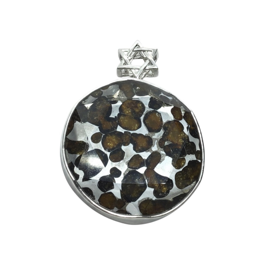 Rare Earth Gallery Sericho pallasite meteorite pendant with faceted sapphire and sterling silver Star of David bail