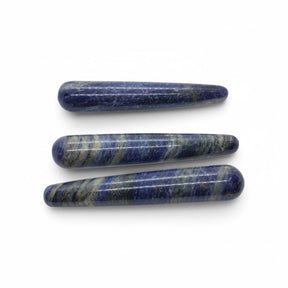 Three Rare Earth Gallery sodalite massage wands with smooth polished blue and white stone surfaces