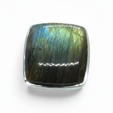 Rare Earth Gallery square labradorite cabochon ring in a polished 925 sterling silver bezel with blue-orange flash.