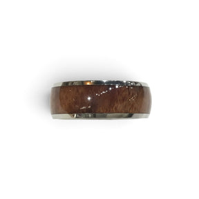 Rare Earth Gallery 8mm domed titanium ring featuring a polished rosewood inlay on a white background