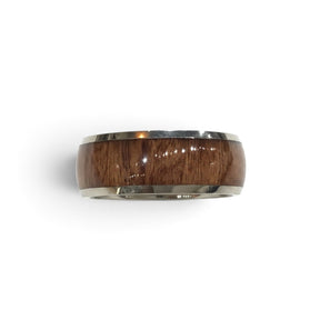 Rare Earth Gallery 8mm titanium ring featuring a polished domed profile and a natural rosewood wood inlay.